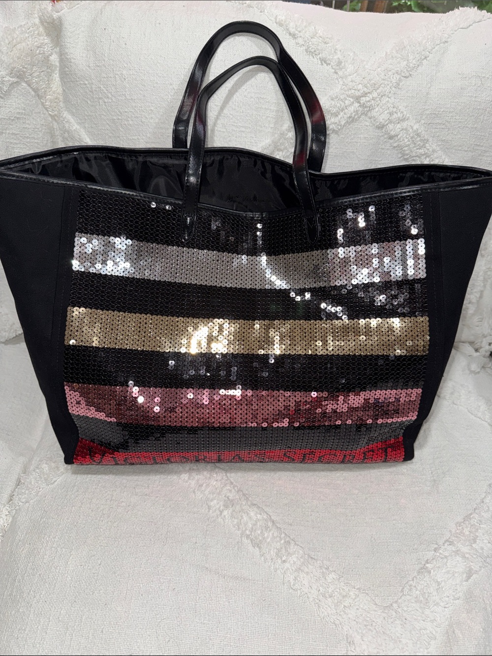 Victoria's Secret Black Sequin Stripe Tote with Metallic Accents